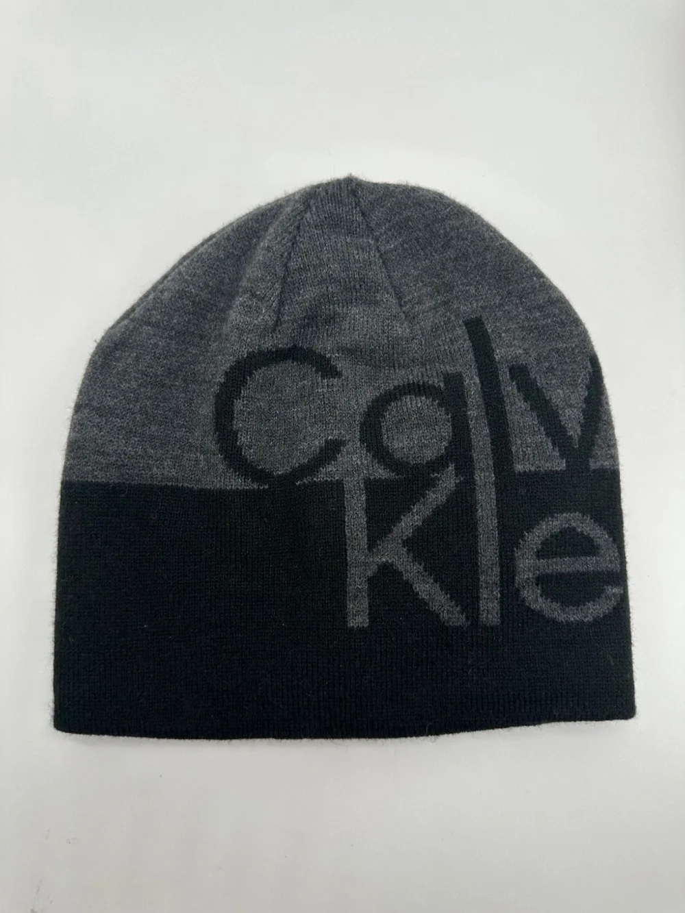 Calvin Klein Beanie Hat Black Gray Knit Block Logo Unisex